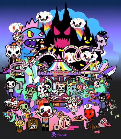 a group of cartoon characters standing in front of a building with lots of skulls on it Tokidoki Halloween Toki Doki Iphone, Tokidoki The Art Of Simone Legno, Tokidoki Pride Collection, dark slate gray