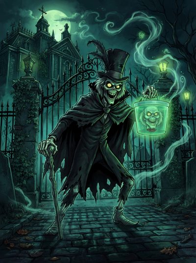 a skeleton with a top hat and cane in front of a gate holding a green bag Haunted Mansion Halloween Hatbox Ghost, Disney Haunted Mansion, Ghost Ship, dark slate gray