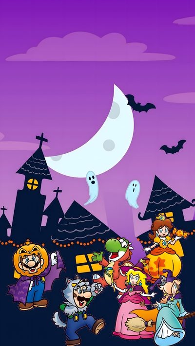 an animated halloween scene with pumpkins, witches and other characters in front of a full moon Halloween Mario Nintendo Halloween, Mario Winter, Mario Halloween Art, Super Mario Halloween Art, dark orchid
