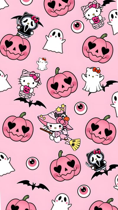 a pink background with lots of different cartoon characters and pumpkins on it's sides Pink Hello Kitty Halloween Hello Kitty Halloween, Pink Hello Kitty Iphone, Halloween Iphone Backgrounds,