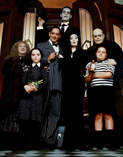 a group of people dressed up in halloween costumes Halloween Family Cameos Beetlejuice Collage, Haunted House Iphone, Spooky Collage, Adams Family Costume, black