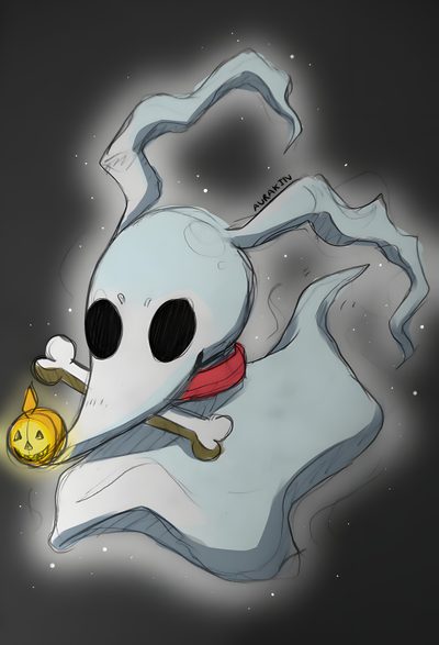 a drawing of a ghost holding a gold coin Zero Halloween Zero Halloween, Zero Art Ideas, Zero Fan Art Nightmare Before Christmas, dim gray