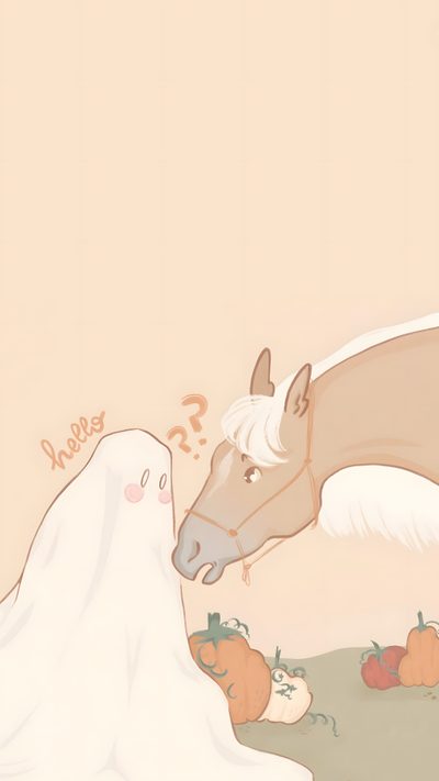two horses are standing in the grass with pumpkins Cute Halloween Horse Ghost Horse, Fall Horses, Spirit The Horse Meme, Horse Snow Meme, bisque