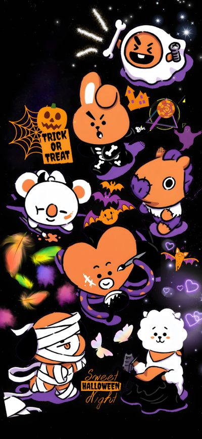an image of halloween stickers in the dark Bt21 Halloween Bt21 Autumn, Bt21 Cooky Halloween, Bt21 Christmas, Bt21 Thanksgiving, Halloween Skzoo, black