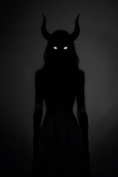 the silhouette of a woman in a dress with horns on her head and glowing eyes Halloween Black Lilith Silhouette, Shadow Woman Art, Female Shadow Monster, Tiefling Female Aesthetic,