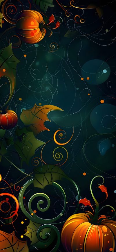 an abstract painting of pumpkins and leaves on a dark background with swirly lines Halloween Celtic Holiday, Orange Halloween, Halloween Screensavers Iphone, Thanksgiving, Fall Dragon, black