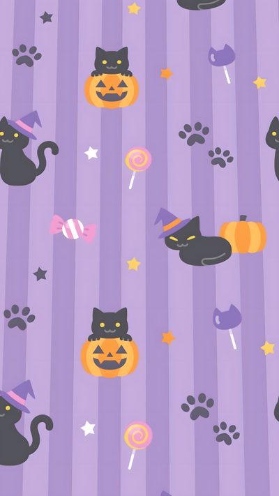 a purple background with black cats and pumpkins Halloween Kitty Lilac Custom Halloween Eve, Animal Print, Holiday, Iphone Disney, Kawaii, dark gray