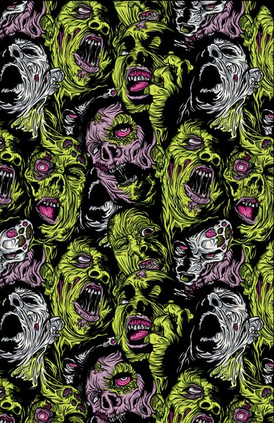 a group of zombie heads with green and pink paint on black background canvas art print Halloween Monster Pattern Zombie Background, Horror Pattern, Zombie Iphone, Zombie Phone, dark slate gray