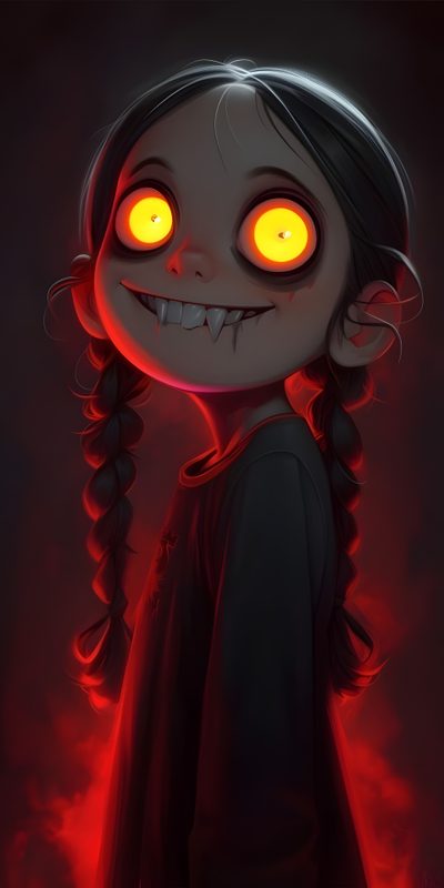 a drawing of a girl with glowing eyes and long hair, standing in front of a dark background Halloween Scary Cute Girl Creepy Smiling Cartoon Character, Scary Cartoon, Scary Pictures For Kids Cartoon, black