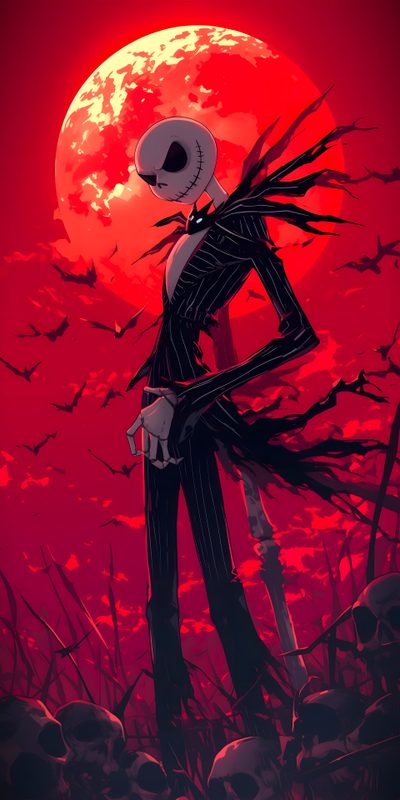 a skeleton standing in front of a full moon Halloween Anime 4k Jack Skellington Fanart, Manga Halloween, Jack Nightmare Before Christmas, brown
