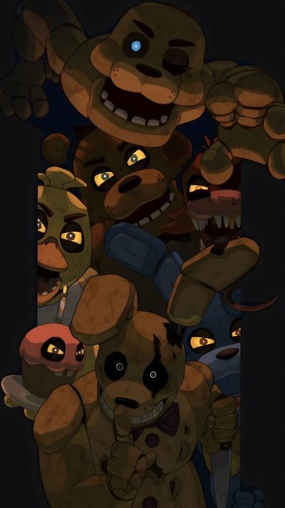 five different cartoon animals with glowing eyes and one has an evil look on his face Fnaf Halloween Fnaf Wall Papers, Five Nights Of Freddy, Fnaf 3 Fanart, Fnaf 1, Fnaf Drawing, Fnaf 2 Art, black