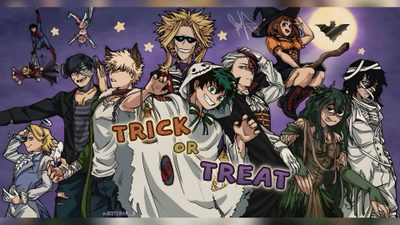 a group of anime characters standing in front of a purple background with the words trick or treat on it My Hero Academia Halloween Cute Mha Halloween, Mha Halloween, Mha Characters In Halloween Costumes, dim gray
