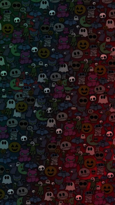 an image of many different colored skulls on a black background with red and green colors Halloween Monster Pattern Scary Backgrounds, Cool Halloween, Halloween Background Android, black