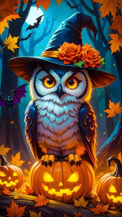 an owl wearing a witches hat and sitting on pumpkins in the woods with bats Halloween Owl Cute Owls, Halloween Cards Handmade, Adult Halloween Party, Halloween Iphone, dark olive green