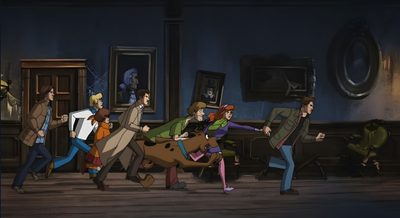 several people are dancing around in an old - fashioned room with paintings on the walls Scooby Doo Halloween Laptop Scooby Doo Macbook, Scooby Doo Computer, Scooby Doo Movie Images, black