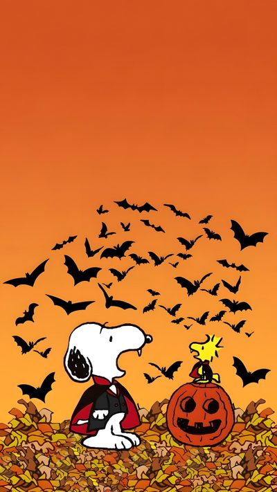 snoop and his pumpkin with bats flying in the sky behind him, on an orange background Snoopy Halloween Images Snoopy, Peanuts, Halloween Iphone Backgrounds, Halloween Backgrounds, chocolate