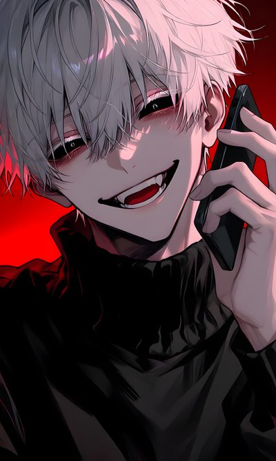 an anime character holding a cell phone to his ear and looking at the camera while smiling Halloween Anime Boy Anime Crazy Smile, Anime Guys, Character Art, dark slate gray