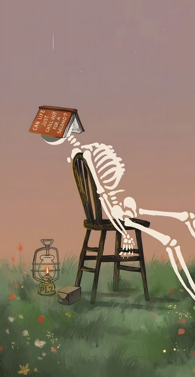 a skeleton sitting in a chair with a book on its head and legs above his head Halloween Iphone Skeletons Skeleton Illustration, Arte Van Gogh, Motion Graphics Inspiration, gray