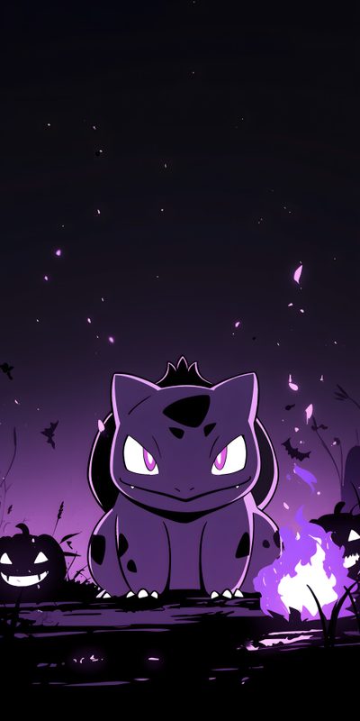 a cartoon character sitting in front of a purple background with bats and pumpkins on it Halloween Bulbasaur Sagittarius, Dark Pokémon, Pokemon Umbreon, Pikachu, Cool Pokemon, Disney Phone, black