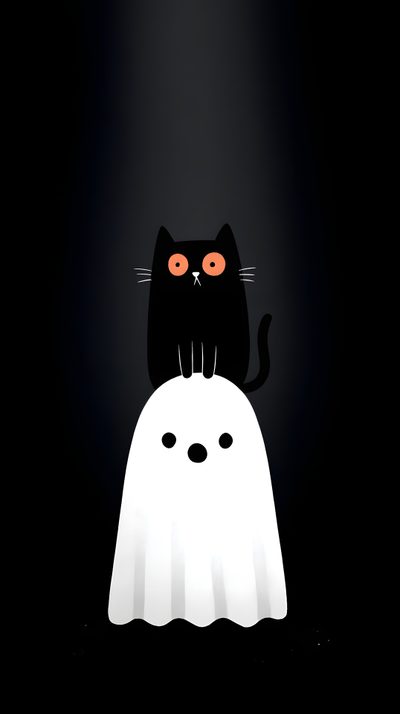 a black cat sitting on top of a white ghost in the dark with orange eyes Minimalist Halloween Phone Cat Halloween, Silly Skeleton, Seasonal Makeup, Halloween Cute, black