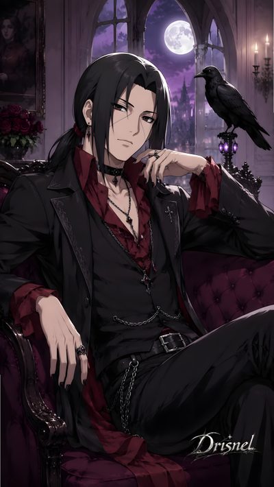 a man sitting on top of a chair next to a bird Itachi Uchiha Halloween Itachi Vampire, Yin Yang Art, Naruto Uzumaki Art, Dark Gothic, Itachi Uchiha, black