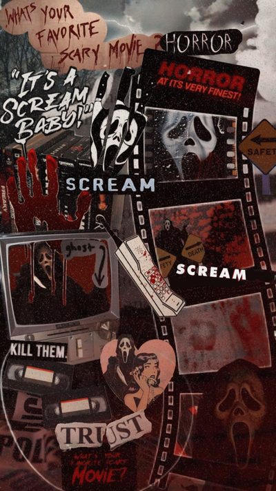 a collage of various movie related items Y2k Halloween Scream Ghost Face Aesthetic, Ghostface Aesthetic, Halloween, dark slate gray