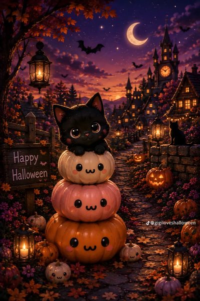 a black cat sitting on top of pumpkins in the middle of a halloween scene Kawaii Halloween Halloween Kawaii Cute Black Cat Pumpkin Cat Aesthetic, Cute Cat Halloween, Pumpkin Cat,