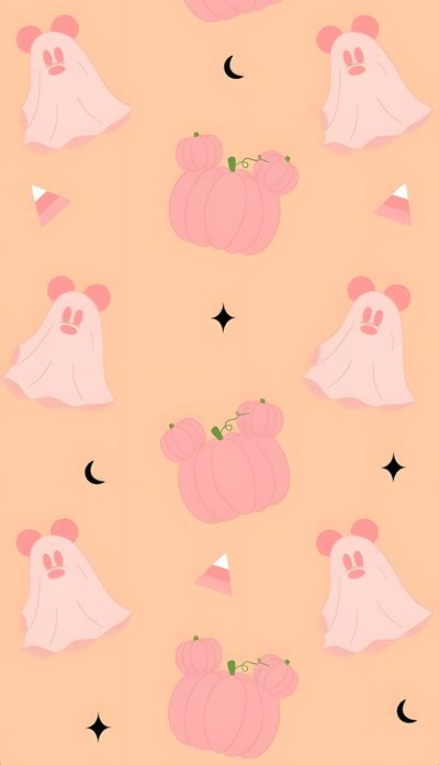 an orange background with pink pumpkins and ghost faces Pink Disney Halloween Ghost, Disney Halloween Ipad, Disney Fall Iphone, navajo white