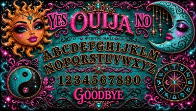 an image of a sign that says yes ouja no Halloween Ouija Planchette Ouija Board Diy, Vintage Witch Art, Fb Cover Photos, Witchy, dark slate gray