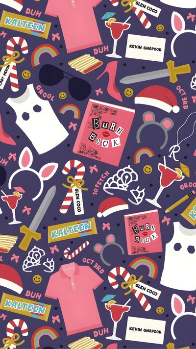 the pattern is very colorful and has various items on it, including t - shirts Mean Girls Halloween Christmas Background Mean Girls, Mean Girls Pattern, Mean Girls Halloween, dark slate gray