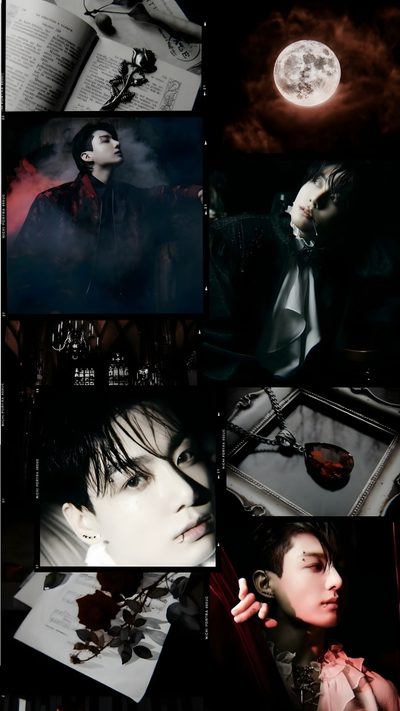 the collage shows many different images in black and white, including an image of a woman Jungkook Halloween Vampire Aesthetic, Me Myself And Jungkook, Jungkook Halloween, black