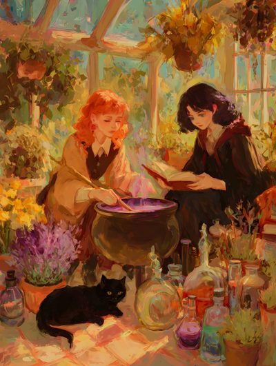 two women sitting in a room with flowers and plants on the floor next to a black cat Sapphic Halloween Witch Yuri, Fantasy Wlw, Witch Friends, Witch Girlfriend Aesthetic, sienna