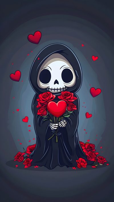 a skeleton holding roses in its hands with hearts floating around the ground and on top of it Halloween Valentines Gothic Iphone, Goth Valentines Day, Pink Skeleton, Gothic Valentines Day, dark slate gray