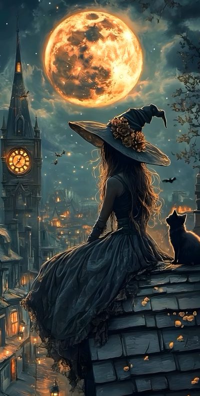 a woman sitting on top of a roof next to a cat under a full moon Beautiful Halloween Witch Witch Painting, Witch Pictures, Beautiful Witch, Fairy Pictures, dark slate gray
