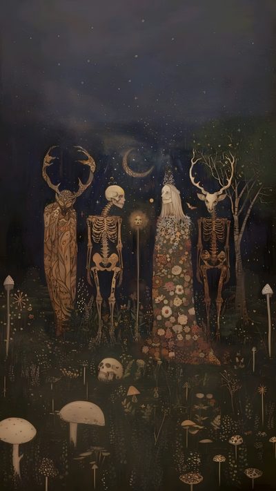 a painting with skeletons and mushrooms in the background Pagan Halloween Art With Skeletons, Dark And Whimsical, Creepy Whimsical Aesthetic, dark slate gray