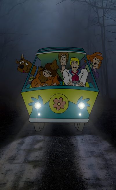 an animated car driving down a road in the dark with people on it's roof Show Me Halloween Scooby Doo Pictures, Monster High Barbies, Scooby Doo Mystery Inc, dark slate gray