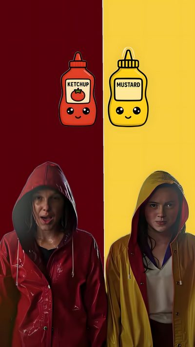 two people standing next to each other in front of a yellow and red wall with the words ketchup on it Matching Stranger Things And Halloween Characters Stranger Things Duo, Best Friend, Stranger Things 2, maroon