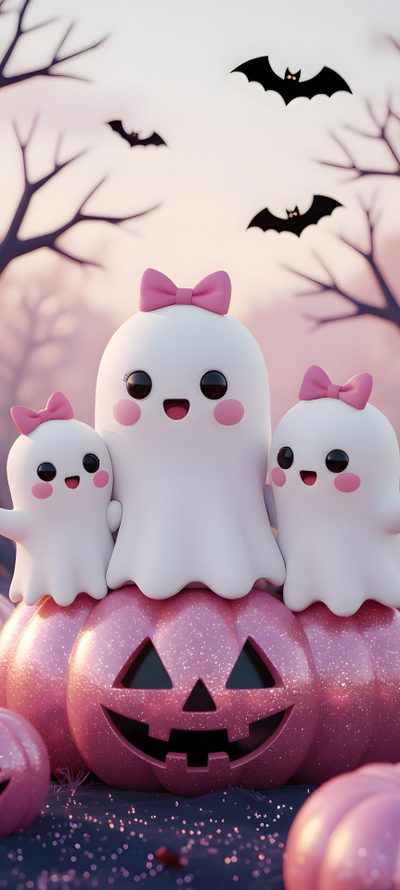 three little ghostes sitting on top of a pumpkin Iphone Girly Halloween Halloween Cute, Halloween Treats For Kids, Funny Iphone, Halloween Iphone, silver