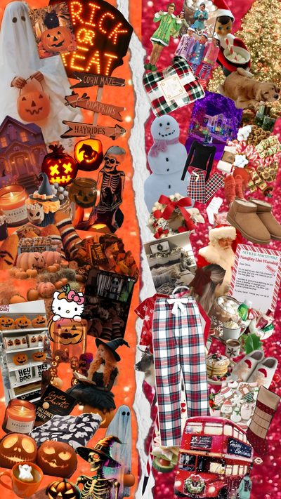 a collage of halloween themed items including pumpkins, ghost and other things that are all over the place Halloween Christmas Halloween Junk, All Holidays Collage, Christmas And Halloween, Christmas Pictures, sienna