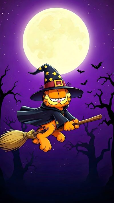 a cartoon cat flying through the air with a broom in front of a full moon Garfield Halloween Garfield Halloween, Dark Disney Art, Dollar Store Halloween Decorations, indigo