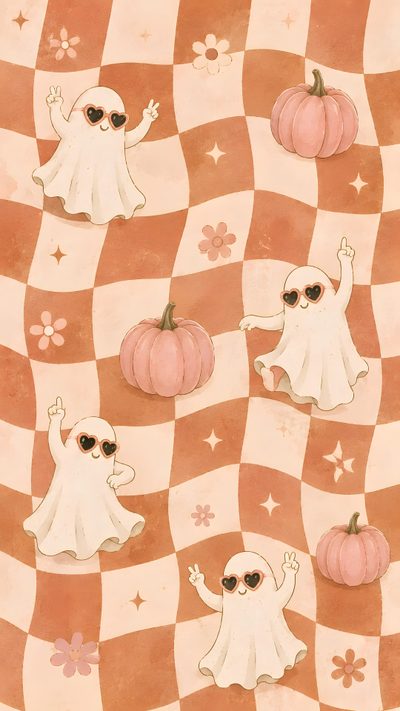 an image of some cartoon characters on a checkered tablecloth with pumpkins and flowers Halloween Checkered Cute Ghost, Phone Lock, Retro Background, Pink Pumpkins, Heart Sunglasses, wheat