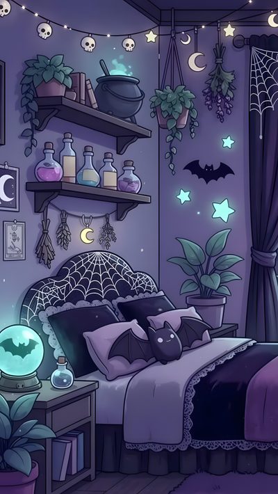 a bedroom decorated in purple and green with halloween decorations Halloween Witch For Bedroom Spooky Phone, Kawaii Spooky Background, Spooky Bedroom Drawing, dark slate blue