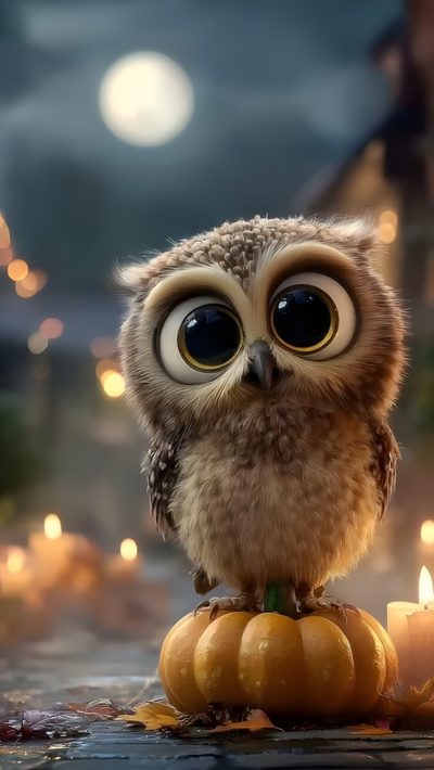 an owl sitting on top of a pumpkin with eyes wide open and looking at the camera Halloween Owl Holiday Crafts Christmas, Good Morning Gif, Fall Owl Background, Autumn Owl, dark olive green