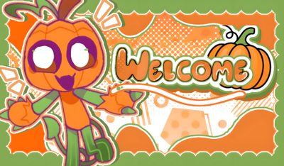 an image of a cartoon character with the word welcome on it's back ground Halloween Dandys World Gourdy Dandys World Ipad, Dandy World Banner, Dandys World Banner, sandy brown