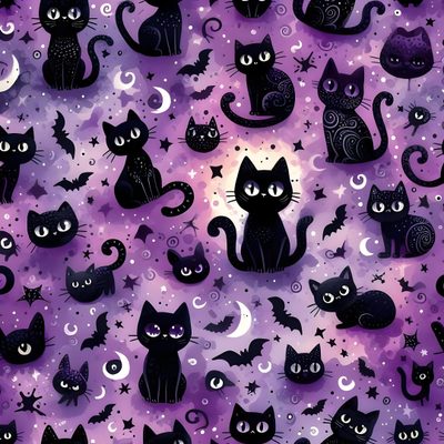 black cats and bats on purple background with stars, crescents and moon in the sky Halloween Purple Cats Custom Cat Pattern, Holidays Halloween, Dark Backgrounds, Pattern, slate gray
