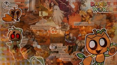 a collage of stickers and pictures on a wall Halloween Dandys World Dandys World Keyboard Background, Dandys World Keyboard, World Icon, sienna