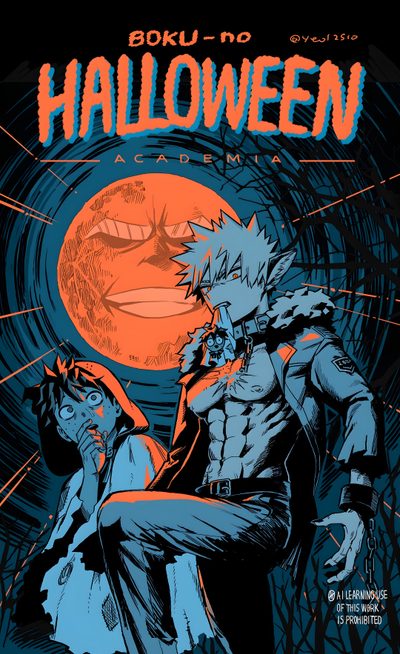 the cover to boku no halloween Bakugou Halloween Academia, Hero 3, Izuku Midoriya, Art Inspiration Drawing, dark slate gray