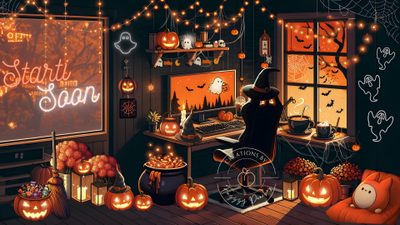 a room decorated for halloween with pumpkins and decorations on the walls, windows, and desk Halloween Gift Cozy Fall Workspace Setup, Fall Office Inspiration Ideas, Halloween Office Decor, dark slate gray