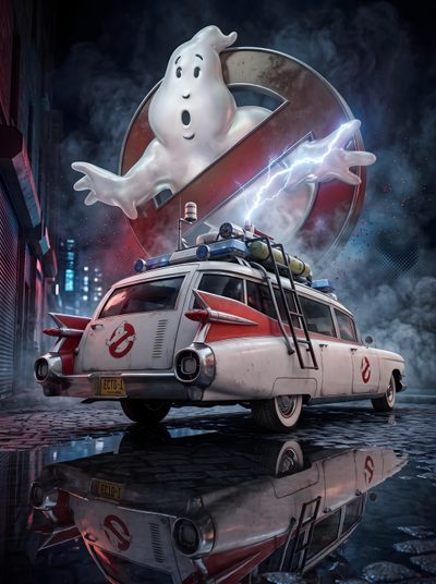 the ghostbus is driving down the street in front of a car Ghostbusters Halloween Ghostbusters, Ghostbusters 1984, Movie Artwork, Harry Potter Cartoon, dark slate gray