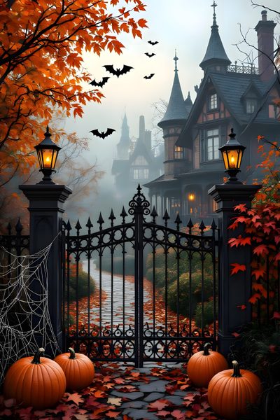 a gate that has some pumpkins on it in front of a house with bats flying around Halloween Town Gate Fall Castle, Halloween Mansion, Fall Haunted House, Halloween, dark olive green